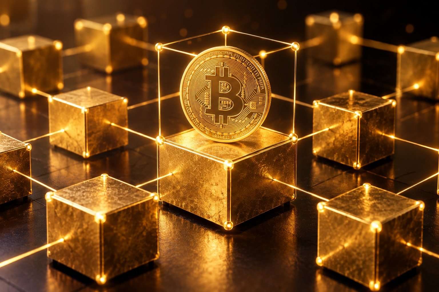 Red abstracta de bloques dorados y una moneda bitcoin